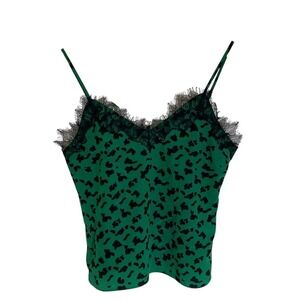 Tanya Taylor Womens Green‎ Black Leopard Silk Camisole Top Size 0 Lace Trim Chic